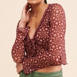 Free People Women's Medium Star Print Mesh‎ Top Long Sleeve Tie Burgundy Sheer